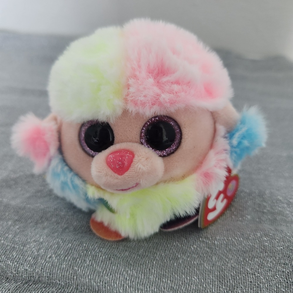 Ty Puffies‎ Rainbow the Poodle Multi Color Pastel Plush Round Dog Toy 4 inch
